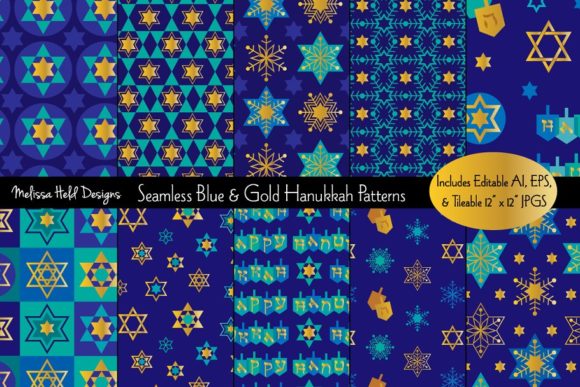 Seamless Blue Gold Hanukkah Patterns